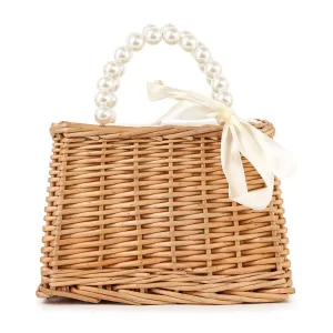 Bow And Pearl Accented Straw Tote