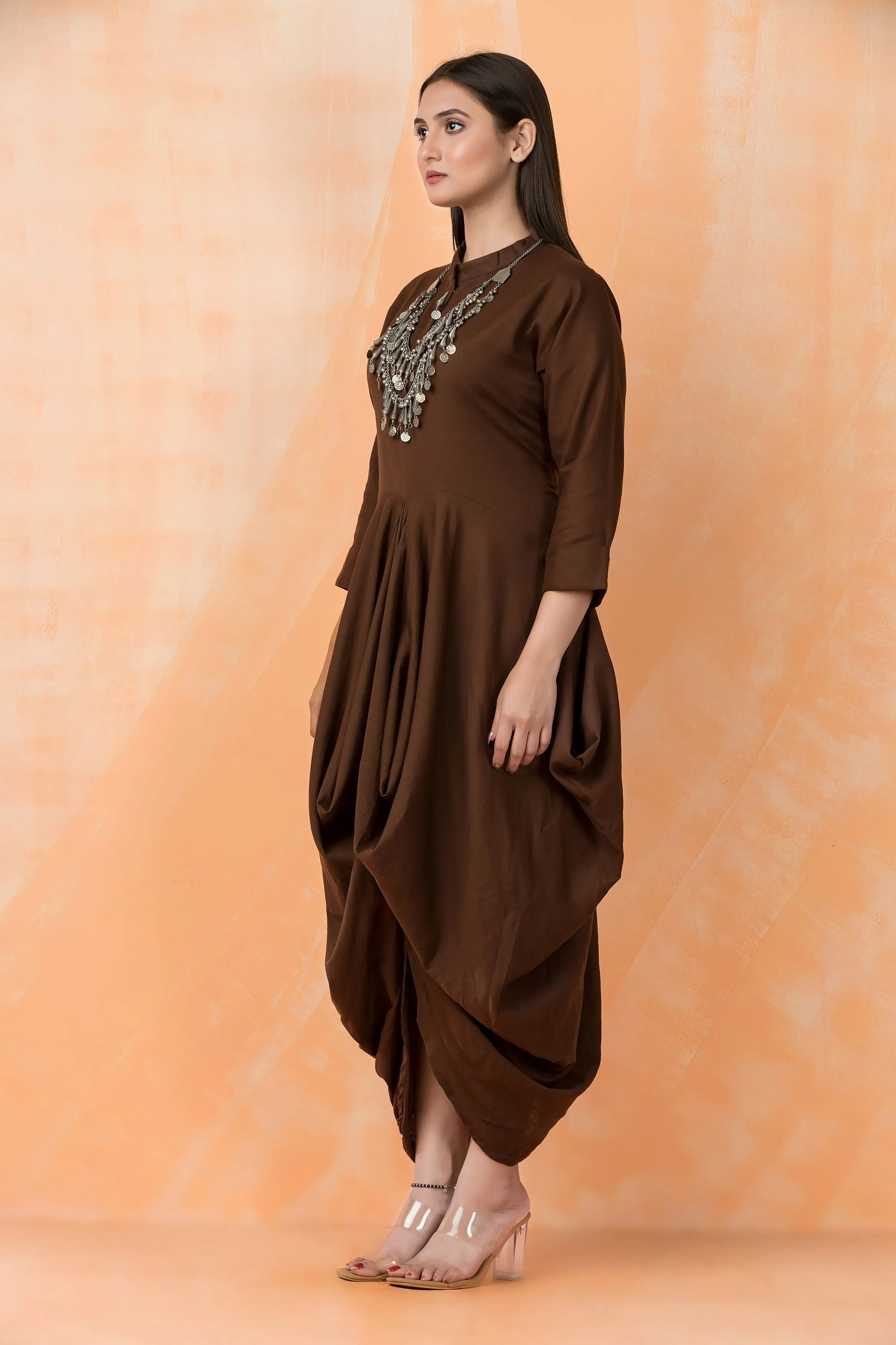 Classic Brown German Cotton Cowl Dress