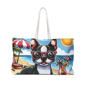 Personalised/Non-Personalised Weekender Bag, Summer Beach Dog, Boston Terrier, Large Weekender Bag, Beach Bag, Book Bag