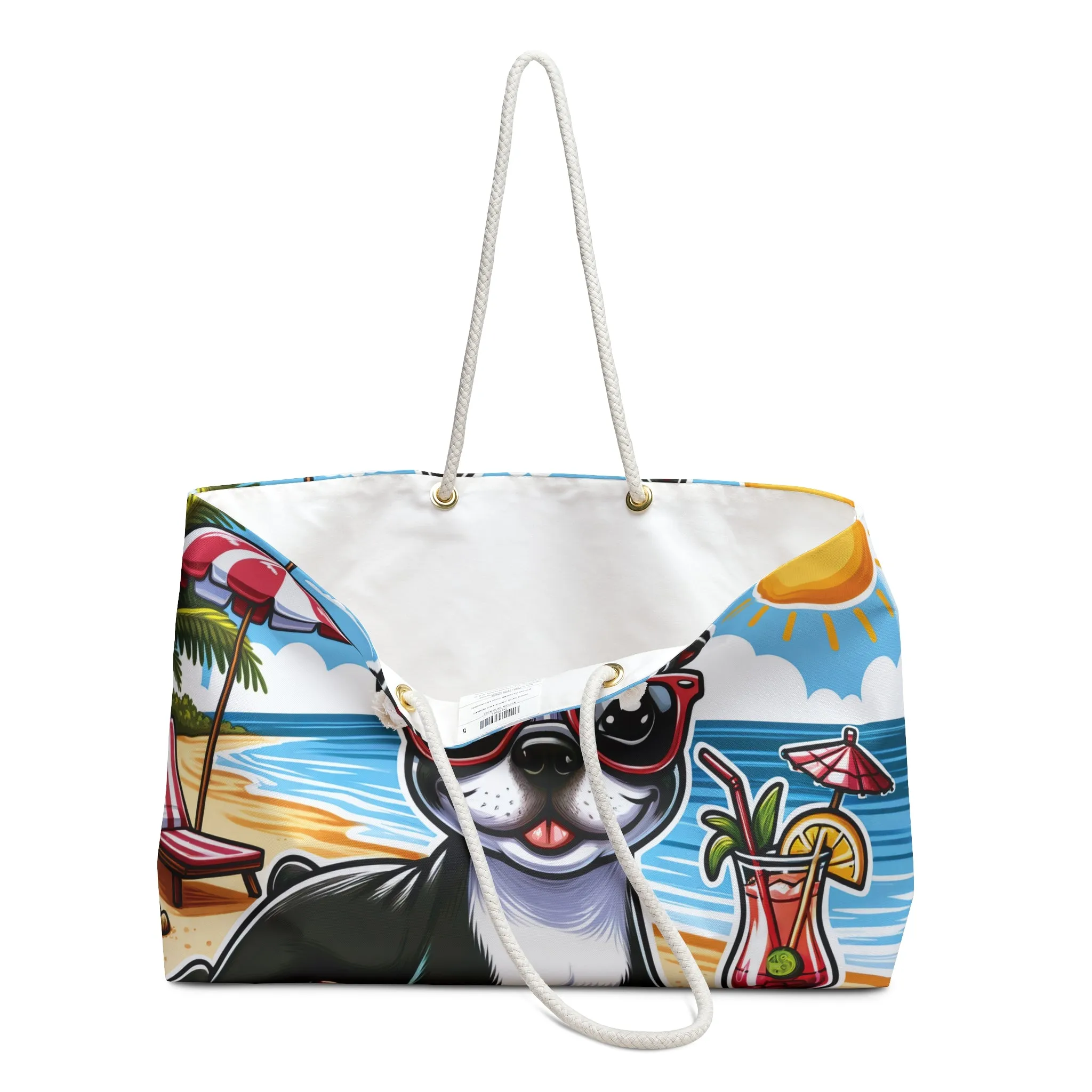 Personalised/Non-Personalised Weekender Bag, Summer Beach Dog, Boston Terrier, Large Weekender Bag, Beach Bag, Book Bag