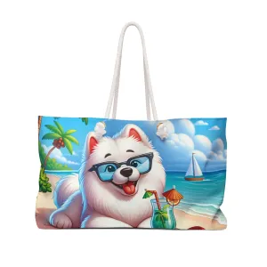 Personalised/Non-Personalised Weekender Bag, Summer Beach Dog, Samoyed, Large Weekender Bag, Beach Bag, Book Bag