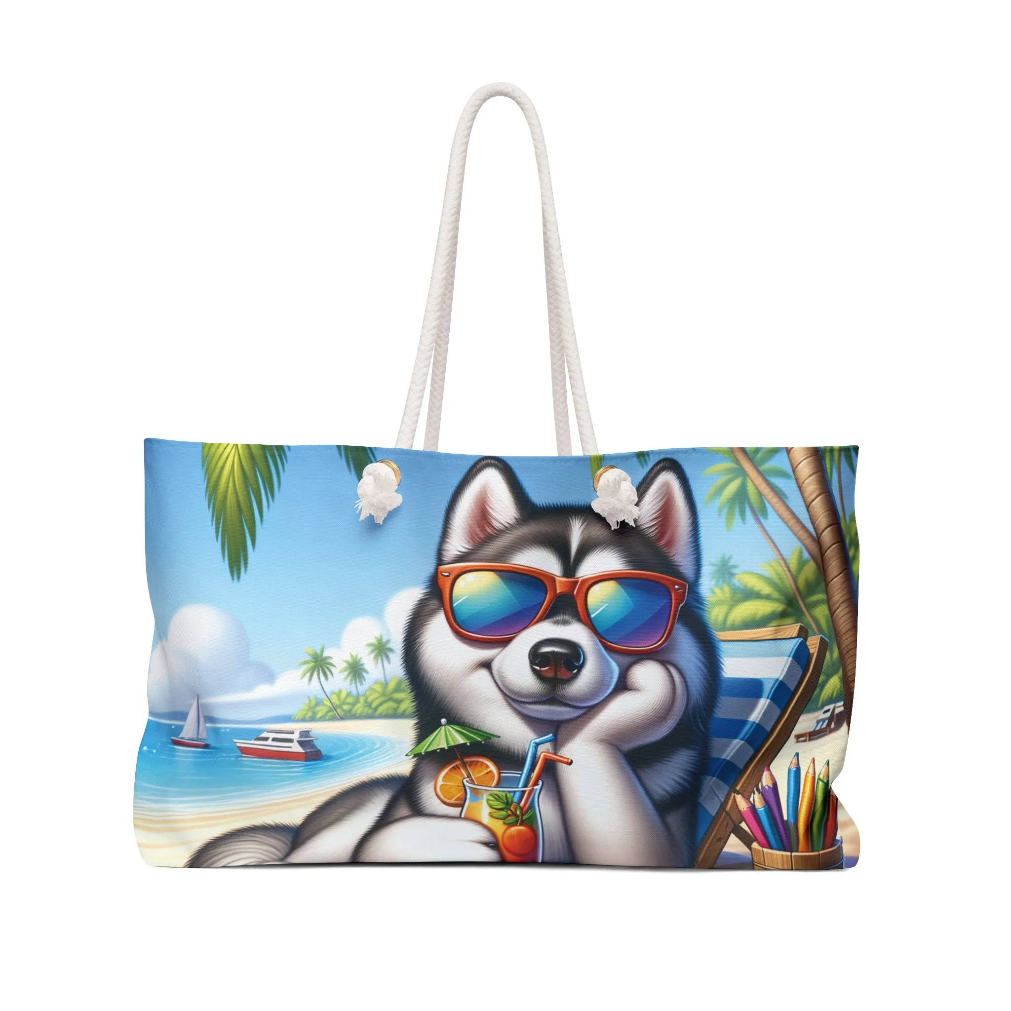 Personalised/Non-Personalised Weekender Bag, Summer Beach Dog, Siberian Husky, Large Weekender Bag, Beach Bag, Book Bag