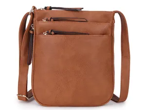 PLAIN CURVED TAN MULTI COMPARTMENT CROSS BODY SHOULDER BAG